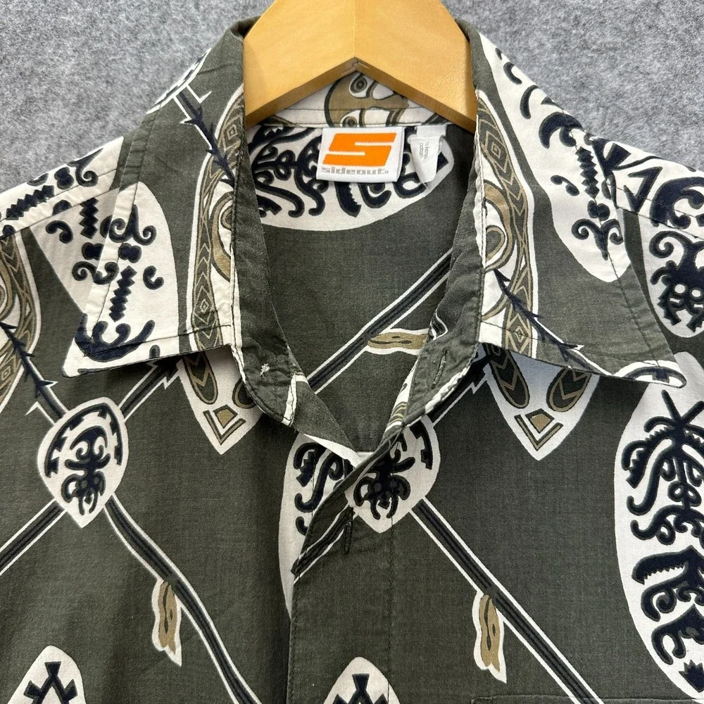 Vintage Sideout Hawaiian Shirt Mens L Green Tribal Tiki 90s Surf Skate - Picture 3 of 8